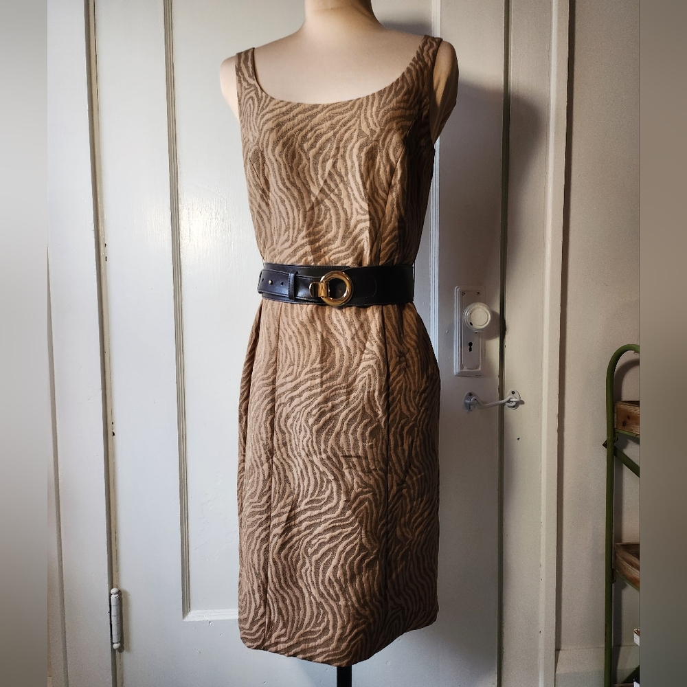 ANTONIO MELANI Brown Zebra-Print Belted Sheath Career Dress
